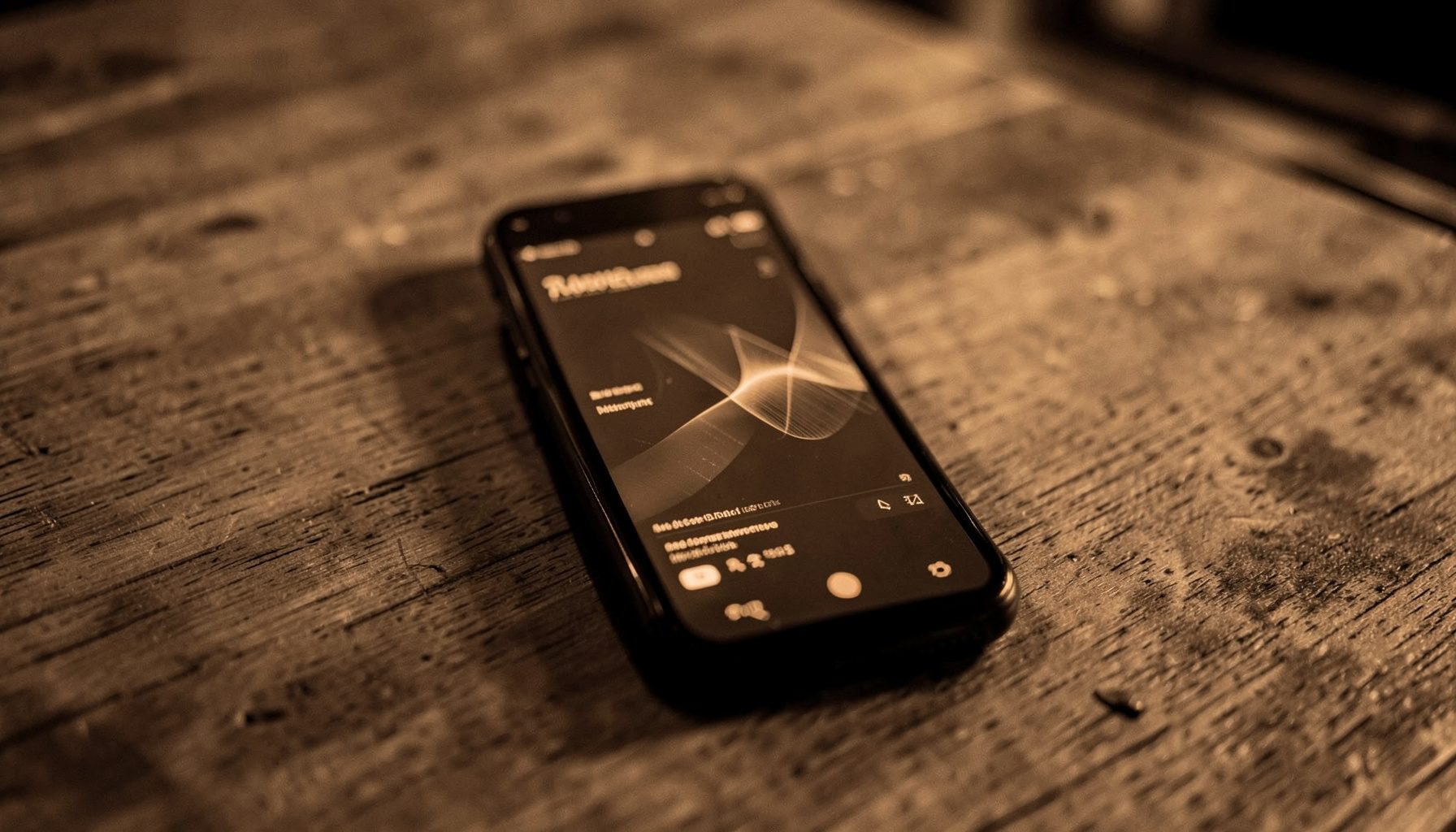 Photographie en duotone sépia et noir d'un smartphone posé sur une table en bois, écran allumé affichant une interface abstraite, ambiance chaleureuse et technologique