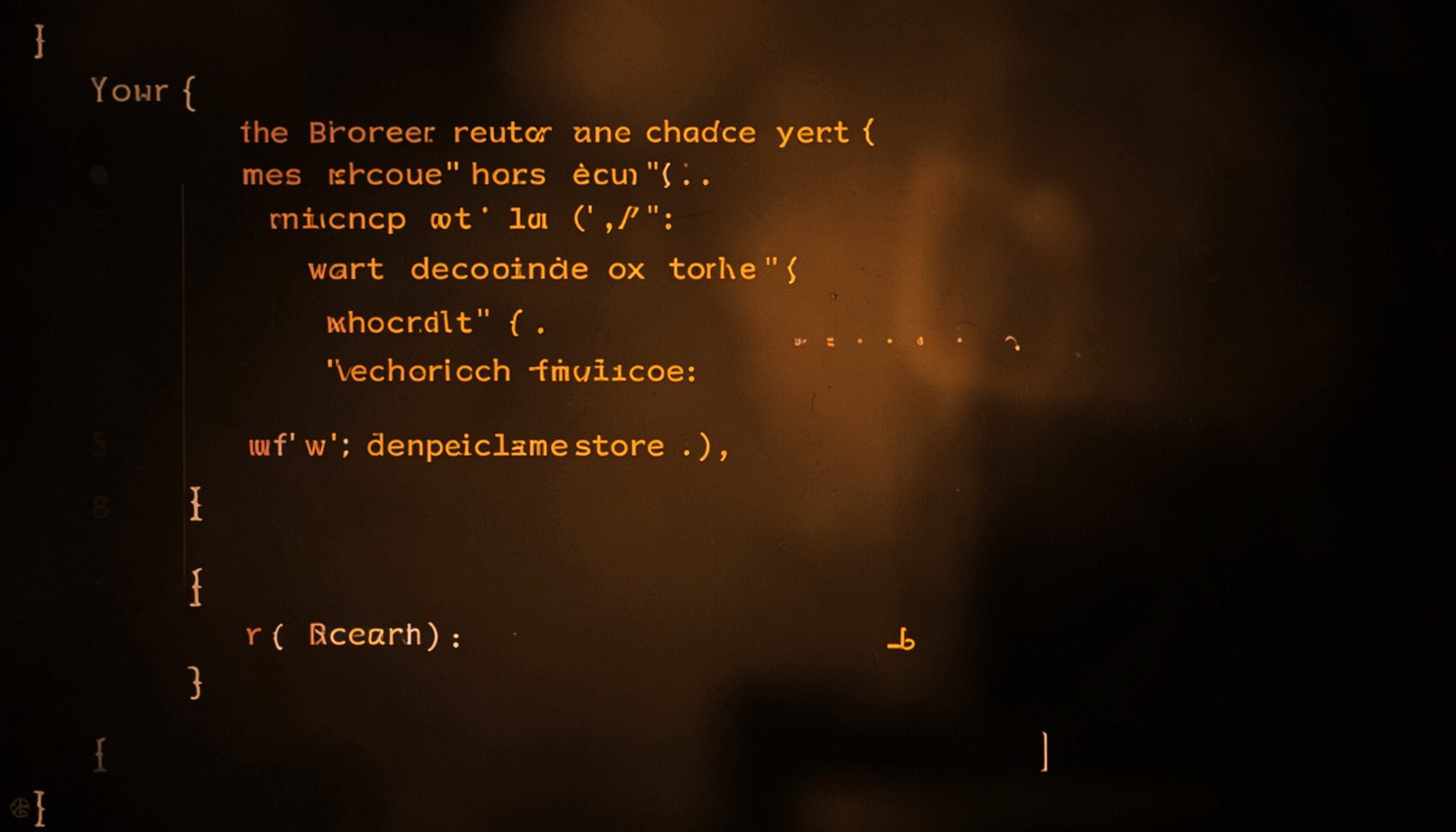 Fragment de code source affiché sur un fond sombre aux teintes sépia et brun foncé, avec une lumière douce évoquant une veilleuse de développeur.