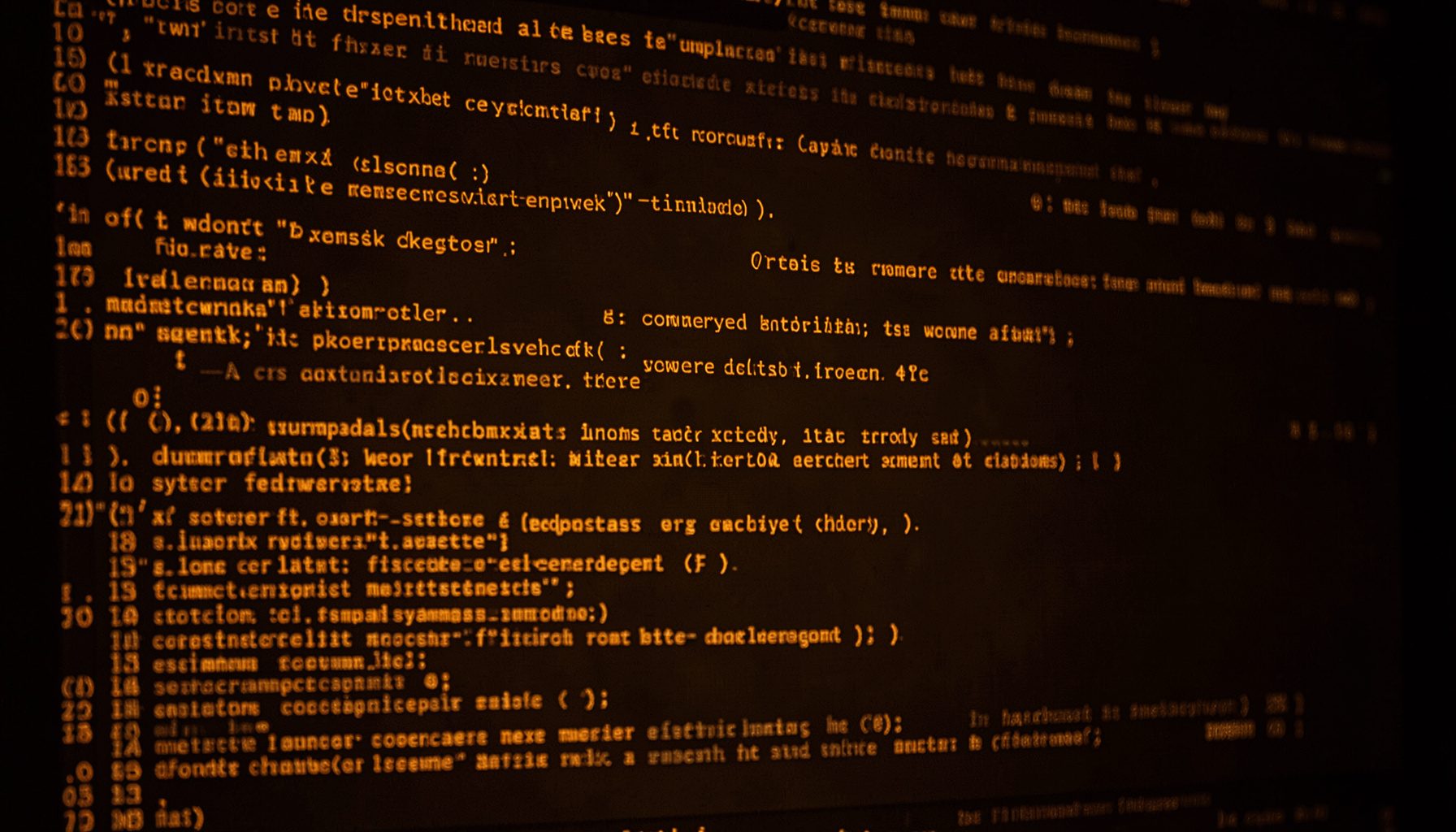 Gros plan sur un écran affichant des lignes de code dans des tons chauds ambrés et bruns, évoquant une ambiance de développement rétro et technique.
