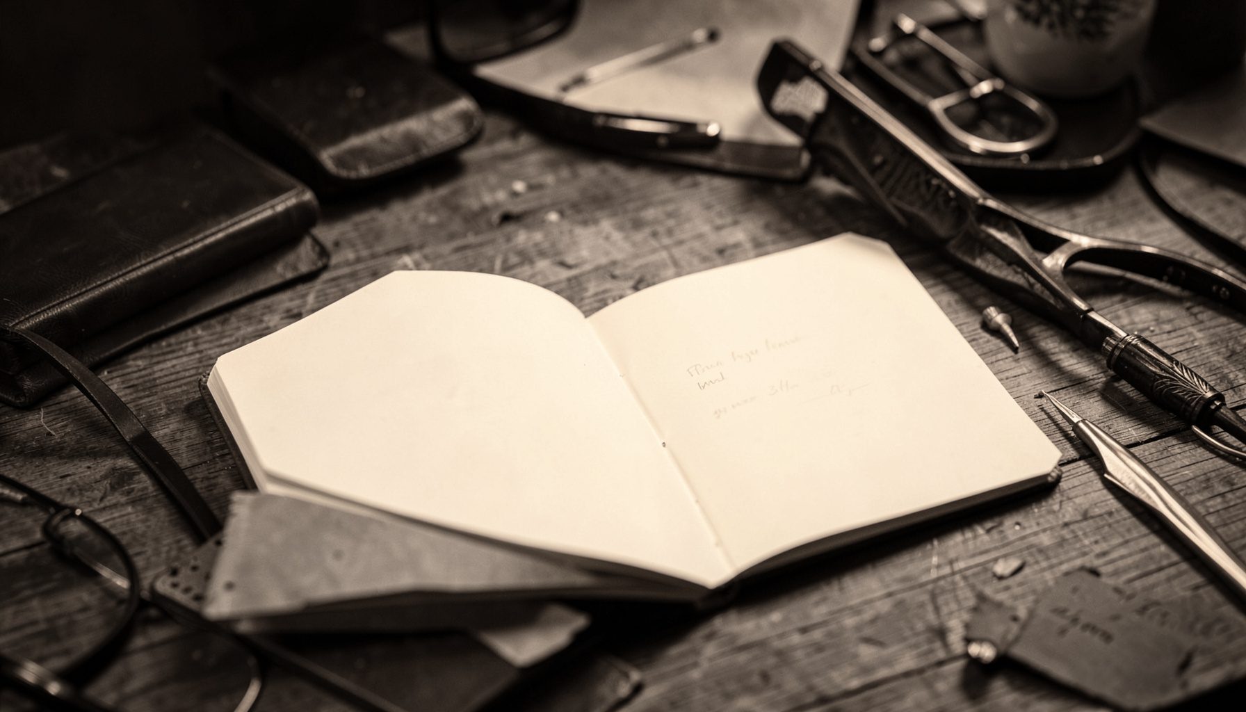 Photographie en duotone sépia et crème d'un carnet ouvert sur une table en bois, entouré d'objets évoquant l'écriture et la réflexion.